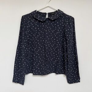 ZARA (S) Navy Bird Animal Patterned Pleated Work Blouse Top w/ Peter Pan Collar